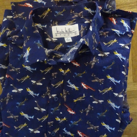 Vintage Nicole Miller Studio Shirt Airplanes Aviation 1990's Aloha Hawaiian - Picture 2 of 2